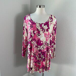 JM Collection Womens Plus 2X Pink Floral 3/4 Sleeve Stretch Tunic Top Shirt